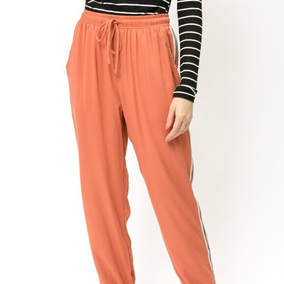 MYSTREE Rust Orange Stripe Side Joggers, Drawstring Waist, Casual Pants - Picture 2 of 6